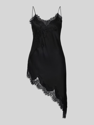 Produktfoto, Trägertop mit Spitzenbesatz von Mango aus reiner Viskose in Schwarz mit asymmetrischem Saum, taillierter Schnitt, Spaghettiträger, Rückenlänge bei Größe S 93 cm