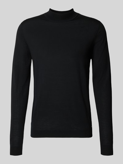 Produktfoto, schwarzer Slim Fit Strickpullover aus reiner Schurwolle mit Stehkragen, elastische Abschlüsse, ROY ROBSON, glatte Textur