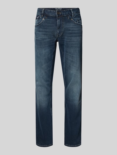 Produktfoto, Straight Fit Jeans mit Logo-Stitching Modell 'Commander' von PME Legend in Blau, 5-Pocket-Design, Elastischer Baumwoll-Mix, sichtbarer Knopf- und Reißverschluss, Bundweite 44 cm, Innenbeinlänge 82 cm bei Größe 32/32.