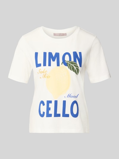 Produktfoto, T-Shirt mit Motiv-Print und Rundhalsausschnitt von Christian Berg Woman Selection, Weiß mit blauem Schriftzug, Motiv-Print Zitrone, Reine Baumwolle, Regular-Fit, Rückenlänge 56 cm bei Größe 36.
