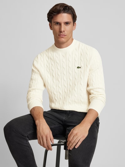 Lacoste Sweter z dzianiny z naszywką z logo Złamany biały 3