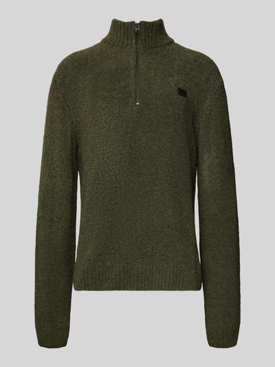 Produktfoto, Gebreide pullover met labeldetail van G-star, donkergroen, materiaalmix met viscose, los model, opstaande kraag, ritssluiting, ribboorden.