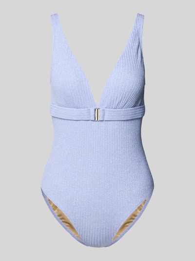 Produktfoto, hellblauer Badeanzug mit Gürtel Modell 'TINJIS' von Marie Jo in Ripp-Optik, V-Ausschnitt, Material-Mix mit Stretch-Anteil, körpernah