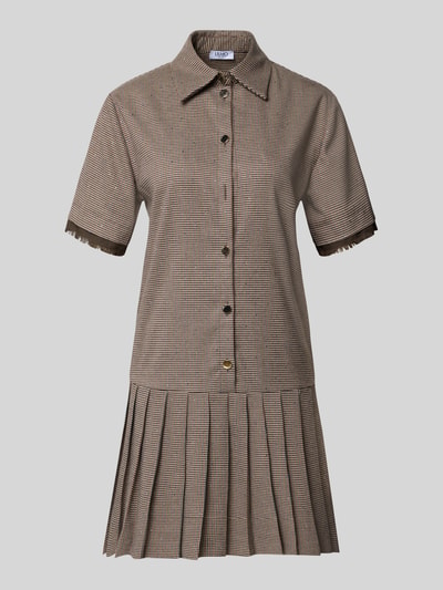 Produktfoto, Minikleid mit Knopfleiste Modell 'ABITO TINTO FILO' von Liu Jo White, Baumwoll-Mix, tailliert, Kentkragen, Strasssteinbesatz, Fransen, Plissee, beige-braunes Karomuster, strukturierte Textur