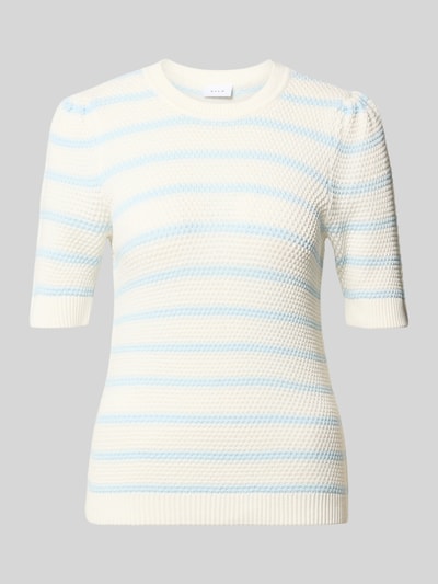 Produktfoto, Strickshirt mit Rundhalsausschnitt Modell 'DALO' von Vila, reine Baumwolle, Regular Fit, weiß-blaues Strukturmuster, kurze Ärmel