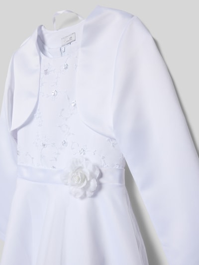 Produktfoto, Kleid mit Stitchings und Taillenband mit floraler Applikation von Happy Girls, A-Linie, weiße Farbe, Pailletten, Bolero, Rundhalsausschnitt, Rückseitiger Reißverschluss, glatte Textur, Kindergrößen