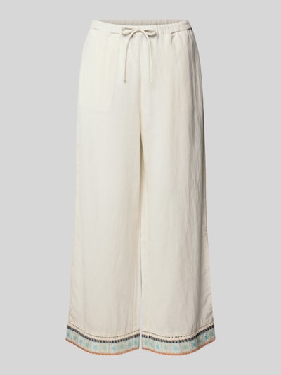 Productfoto, Culotte uit linnen-katoenmix met steekzakken van Jake*s Casual, wijd model, elastische taille met trekkoord, naturelkleur, zoom met gekleurde borduursels, context: dames culotte uit linnen-katoenmix, Franse steekzakken, taillewijdte maat 38: 39 cm, binnenbeenlengte maat 38: 68 cm.
