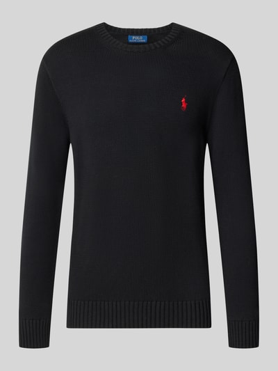 Produktfoto, Relaxed Fit Pullover aus reiner Baumwolle von Polo Ralph Lauren, schwarz, feine Strickstruktur, rote Logo-Stickerei auf Brust