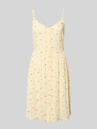 Produktfoto, Leicht ausgestelltes Minikleid aus reiner Viskose Modell 'TALA' von Pieces, florales Allover-Muster auf gelbem Stoff, Optik:Allover-Muster, Mini-Länge, V-Ausschnitt, Trägerform: Spaghettiträger, Material: Viskose