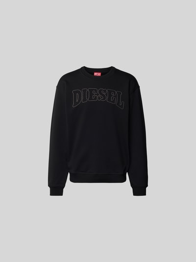 Produktfoto, Sweatshirt mit Label-Stitching von Diesel in Schwarz, reine Baumwolle, lockerer Schnitt, gerippte Abschlüsse, Rundhalsausschnitt, Rückenlänge bei Größe M 67 cm.