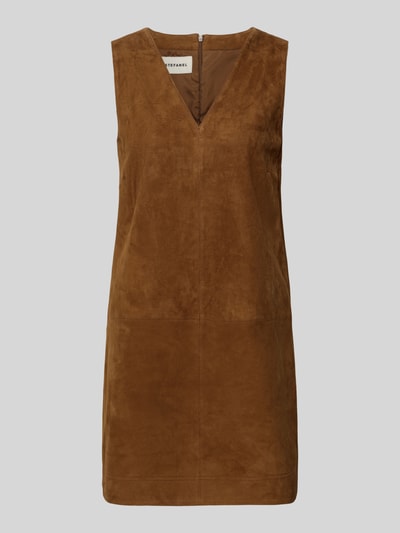 Produktfoto, Minikleid aus Leder mit V-Ausschnitt von Stefanel in Braun, prosty krój, podziałowe szwy, długość 83 cm w rozmiarze 36, szerokość w rozmiarze 36: 44 cm, z prawdziwej skóry