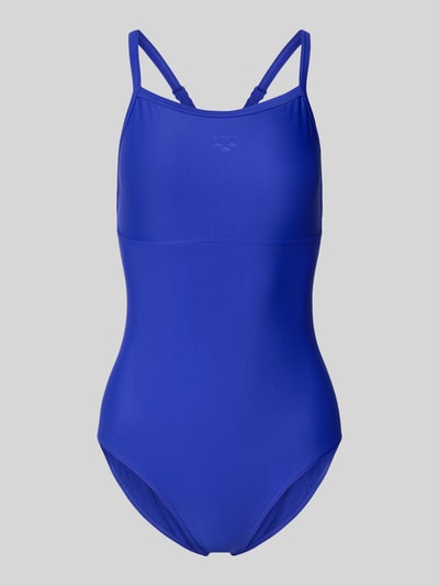 Produktfoto, Slim Fit Badeanzug mit Cut-Out auf der Rückseite von Arena aus Elastischer-Material-Mix in Blau mit Logo-Detail und verstellbaren Spaghettiträgern.