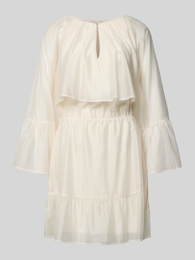 Produktfoto, Minikleid mit Trompetenärmeln und Volants von Liu Jo White aus Chiffon, Taillierter Schnitt, Schlüsselloch-Ausschnitt, blickdichtes Unterkleid, seitlicher Nahtreißverschluss, cremefarben, glatte Textur