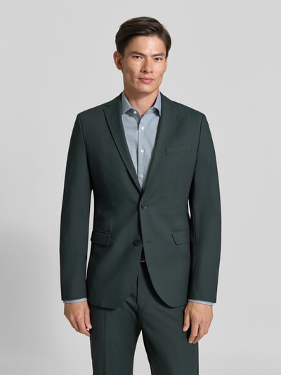 Męski model nosi ciemnozieloną marynarkę Slim Fit Sakko mit Viskose-Anteil Modell 'PURE' od s.Oliver BLACK LABEL, całkowity widok z przodu.