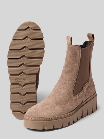Produktfoto, beiger Glattleder-Boot, Profilsohle, weiche Textur, Chelseas aus echtem Rindsleder von Tamaris, Damen Chelseas.