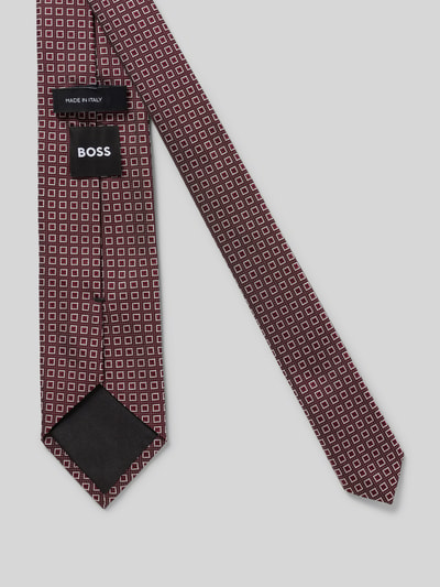 Produktfoto, Krawatte aus Seide-Mix mit Allover-Muster von BOSS, weinrote Grundfarbe mit weißen Quadratmustern, glatte Textur