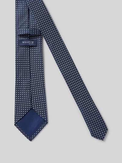 Productfoto, Krawatte aus reiner Seide mit Label-Detail van Willen, klassiek design in blauw met fijn patroon, breedte 8 cm, zijde textuur.