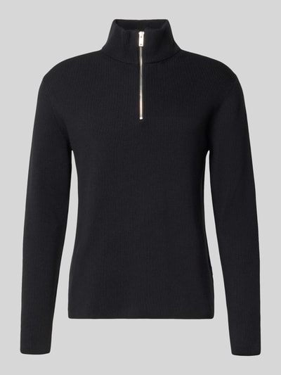 Produktfoto, Strickpullover mit Stehkragen und Reißverschluss von Lindbergh, czarny, bawełniany miks, krój regular fit, faktura prążkowana
