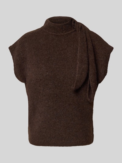 Produktfoto, braunes Regular Fit T-Shirt mit Woll-Anteil Modell 'Cassi' von Topshop in Strick-Optik, kurzärmelig, Stehkragen, elastisches Material