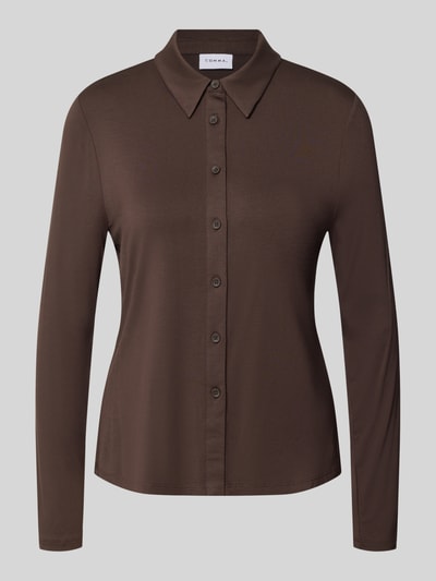 Produktfoto, Slim Fit Bluse aus viscose en elastaan mix von comma, knoopsluiting, overhemdkraag, donkerbruin, gladde textuur, Dames blouse, Ruglengte bij maat 36: 55 cm, Mouwlengte bij maat 36: 62 cm