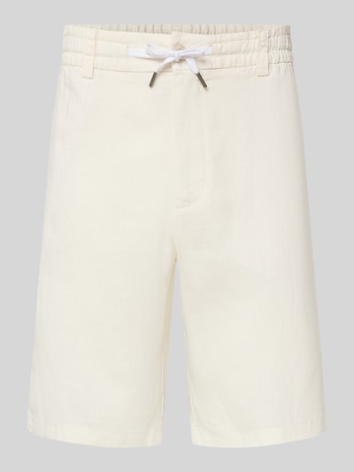 Produktfoto, Tapered Chinoshorts aus Leinen-Mix Modell 'DS_3S' von BOSS Orange in Creme mit Flammgarn-Materialverarbeitung, elastischem Tunnelzug-Bund, Knopf und verdecktem Reißverschluss, seitlichen Eingrifftaschen sowie Paspeltaschen, strukturierte Oberfläche.