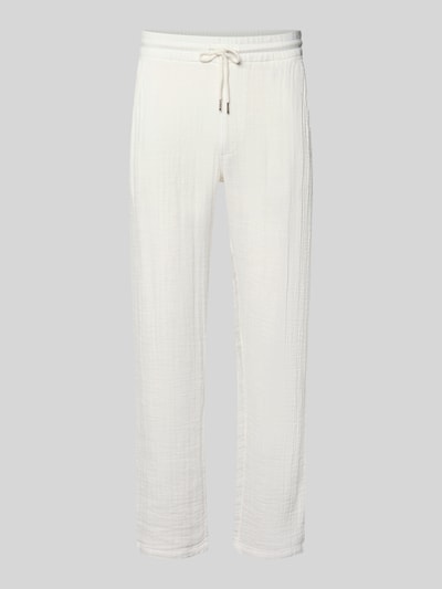 Produktfoto, Straight Fit Sweatpants in Musselin-Optik von Lindbergh aus Reine Baumwolle, cremefarben, strukturierte Oberfläche, elastischer Bund mit Tunnelzug, Bundweite 41 cm, Innenbeinlänge 81 cm bei Größe M.