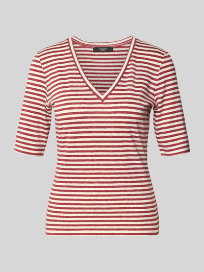Productfoto, Regular Fit T-Shirt uit linnenmix model 'OPZIONE' van Weekend Max Mara, meerkleurig gestreept fijn breisel met logo-print en V-hals, kortemouw