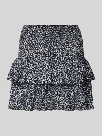 Produktfoto, Ausgestellter Mini-Rock mit Volants Modell 'ZOEY' von Only, floral gemustert, gesmokter Bund, reine Baumwolle, Farbe Dunkelblau mit Weiß