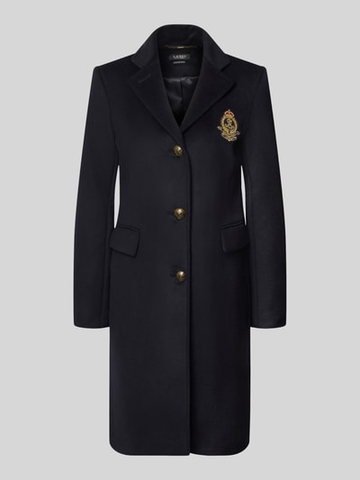 Produktfoto, dunkelblauer Regular Fit Mantel aus Woll-Kaschmir-Mix von Lauren Ralph Lauren, goldfarbene Knöpfe und gesticktes Logo, glatte Textur