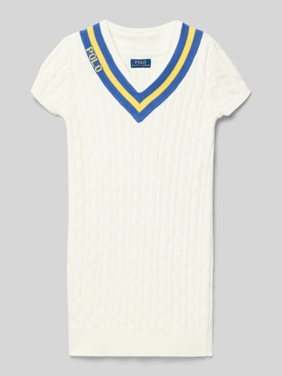 Productfoto, knielang tricotjurk uit puur katoen van Polo Ralph Lauren Teens met structuurpatroon, V-hals en kabelpatroon, korte mouw, labelprint