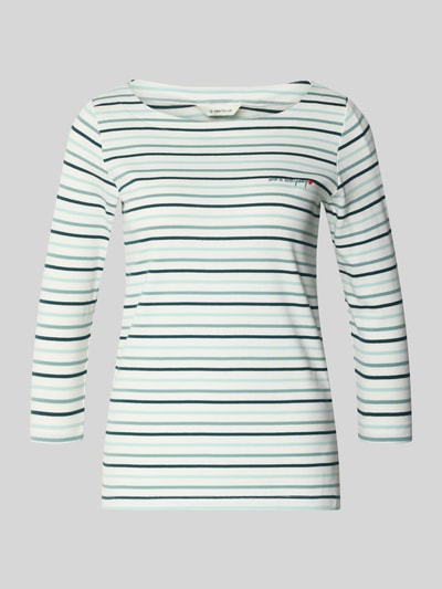 Produktfoto, Regular Fit 3/4-Shirt aus Baumwoll-Mix von Tom Tailor, biało-niebieskie paski, nadruk z napisem, krój regular fit, dekolt łódka, rękaw 3/4, materiał: bawełniany miks