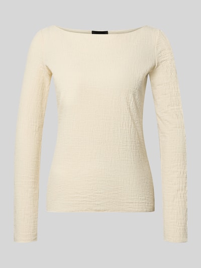 Produktfoto, Slim Fit Longsleeve mit Viskose-Anteil von Emporio Armani in Creme mit Strukturmuster, elastischer Material-Mix, Rundhalsausschnitt