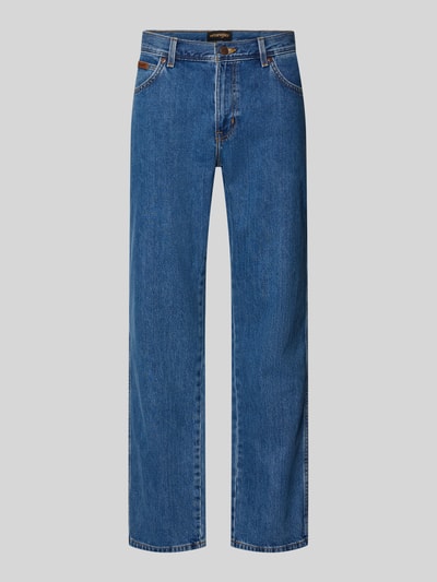Produktfoto, Bootcut Jeans mit Label-Detail Modell 'Texas' von Wrangler in Blau, 5-Pocket-Design, reine Baumwolle, leicht ausgestellter Schnitt, sichtbare Textur