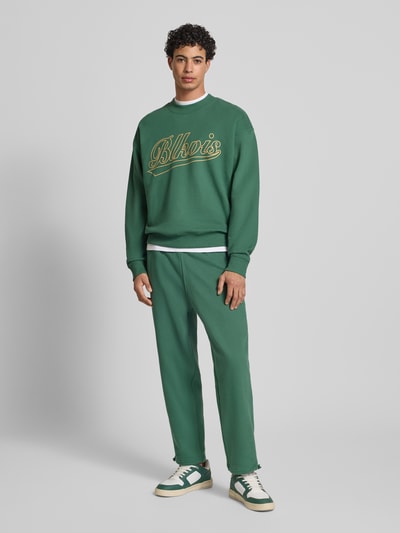 Männermodel trägt Regular Fit Sweatshirt mit Logo-Print Modell 'Source' von BLKVIS, grün, reine Baumwolle, Stehkragen, elastische Abschlüsse, überschnittene Schultern, Ganzkörperansicht von vorne.