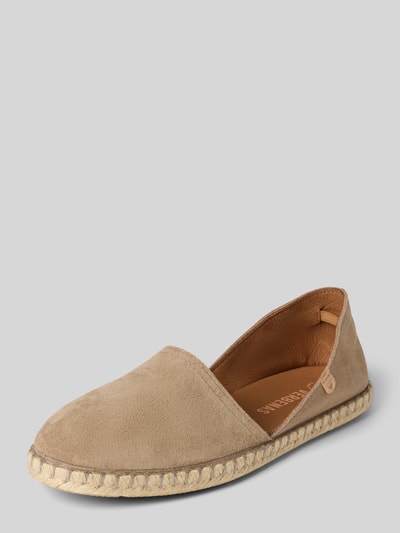 Produktfoto, Espadrilles aus Leder mit Label-Patch Modell 'CARMEN' von Verbenas in Beige, abgerundete Form, strukturierte Sohle, Echtleder-Oberfläche