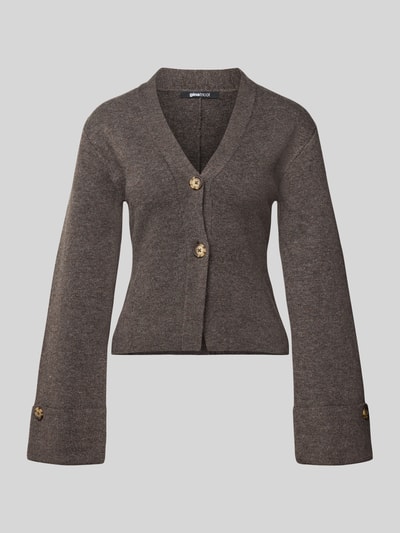 Productfoto, Slim Fit Cardigan met wolmix in breilook van Gina Tricot, bruin, V-hals, trompetmouwen, dubbele knopenlijst, sierknopen