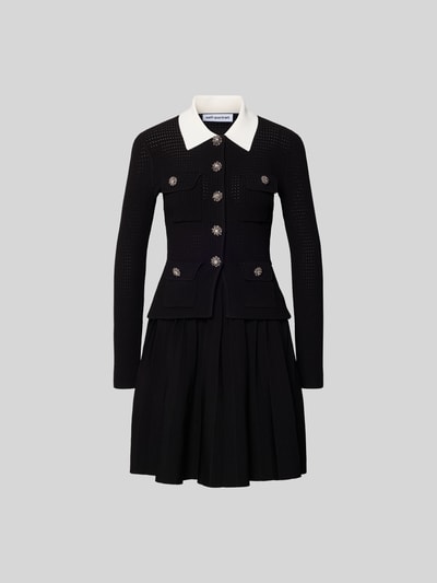Produktfoto, Minikleid aus Viskose-Mix von Self-Portrait in Schwarz mit weißem Kragen, Strick-Optik, Ziersteinbesatz, Slim Fit, lange Ärmel