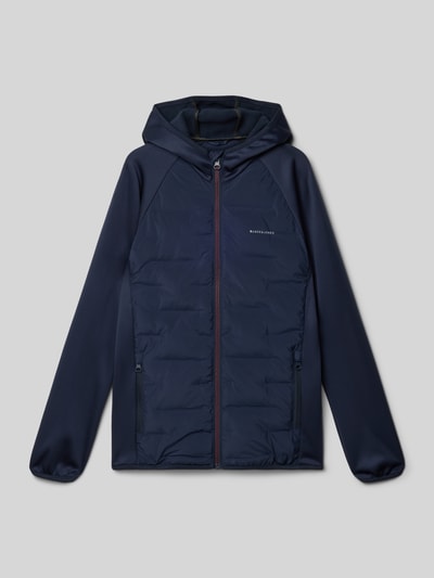 Produktfoto, dunkelblaue Regular Fit Jacke mit Logo-Print Modell 'Hybrid' von Jack & Jones, Stepp-Optik, Kapuze, Reißverschlusstaschen, glatte Textur.