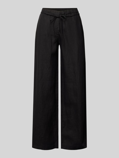 Produktfoto, schwarze Leinenhose mit Bindegürtel, weites Bein, Modell 'Chiara Belt' von MAC, reine Leinenstruktur, neutrale Ansicht.