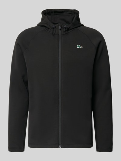 Produktfoto, Regular Fit Sweatjacke mit Baumwoll-Anteil von Lacoste Sport, czarna, gładka, zamek, logo, kaptur, długi rękaw, bawełniany miks, krój regular fit, scuba