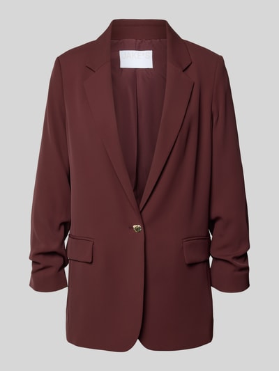 Produktfoto, Oversized Blazer mit Raffungen von Jake*s Collection in dunklem Rot, Elastischer-Material-Mix, Oversized-Fit, Reverskragen, Knopfverschluss, Pattentaschen, Rückenlänge 70 cm, Brustweite 47 cm, Ärmellänge 50 cm.