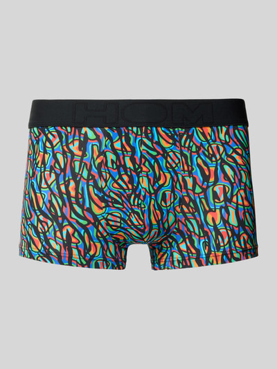 Produktfoto, Slim Fit Trunks mit Logo-Detail Modell 'Floyd' von HOM, buntes abstraktes Muster, glatte Textur, elastischer Material-Mix