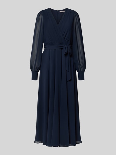 Produktfoto, Regular Fit Midikleid mit Taillenband von Christian Berg Cocktail in Dunkelblau, Chiffon, lange Ärmel, V-Ausschnitt, Wickel-Optik