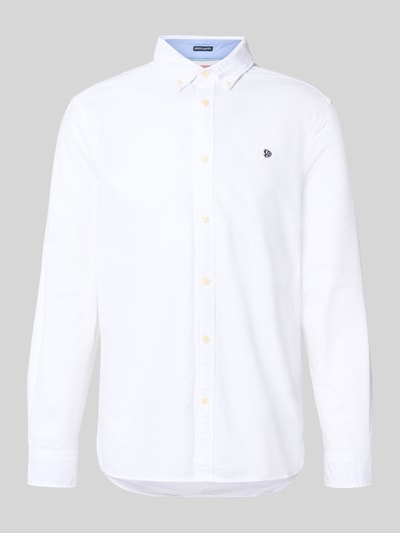 Produktfoto, weißes Regular Fit Freizeithemd mit Logo-Stitching von Superdry, reine Baumwolle, Button-Down-Kragen, strukturierte Oberfläche
