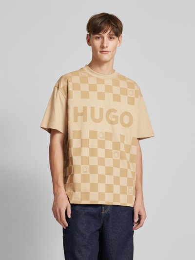 Hugo Blue T-shirt met labelprint, model 'Narliparo' Beige - 4