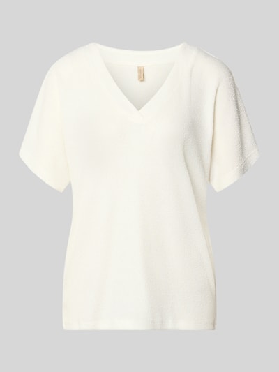 Produktfoto, Strickshirt mit V-Ausschnitt Modell 'Delia' von Soyaconcept aus Viskose-Mix mit Stretch-Anteil, Relaxed-Fit, weiße Farbe, feine Struktur