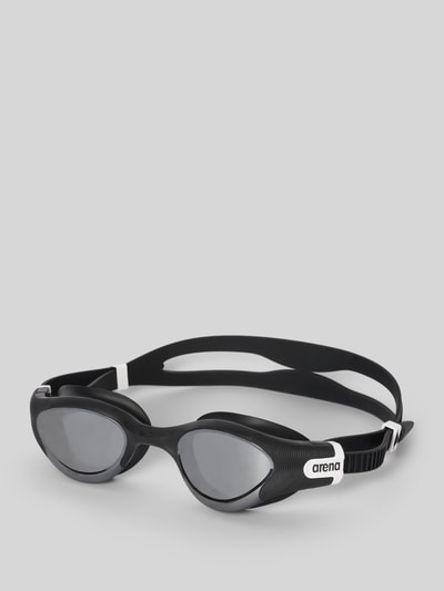 Produktfoto, Taucherbrille mit Orbit-Proof-Technologie von Arena in Schwarz mit Label-Detail, Modell 'THE ONE PLUS MIRROR', Größenverstellbar
