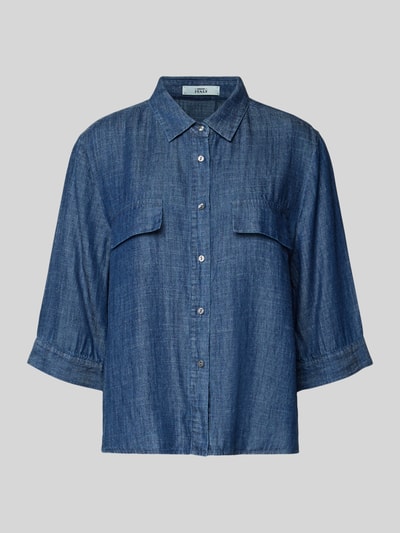 Produktfoto, blaue Relaxed Fit Bluse aus Lyocell-Leinen-Mix Modell 'BEA' von 0039 Italy mit Hemdblusenkragen, Brusttaschen, 3/4-Arm.