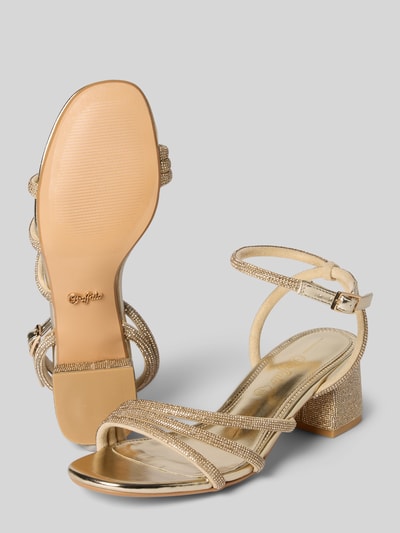 Produktfoto, Sandalette mit Ziersteinbesatz Modell 'LILLY SPARK' von Buffalo, metallic, blockabsatz 6 cm, pasek z klamrą, zaokrąglony czubek