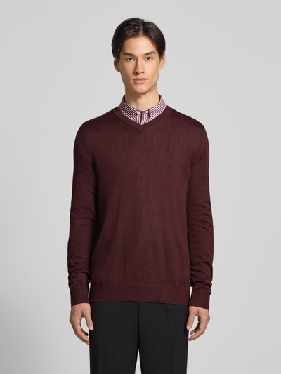Christian Berg Men Gebreide pullover van een mix van merinowol met V-hals Donkerrood gemêleerd - 4